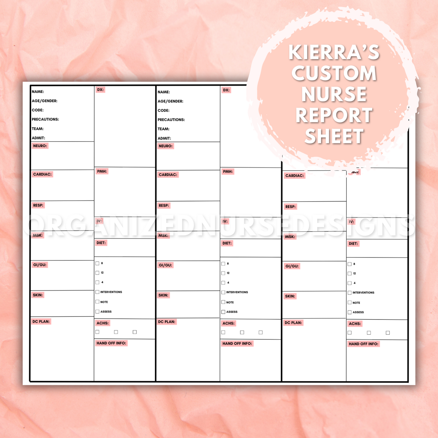 Custom Printable Nursing Template: Concept Map, Nurse Report Sheet or Pharm Template