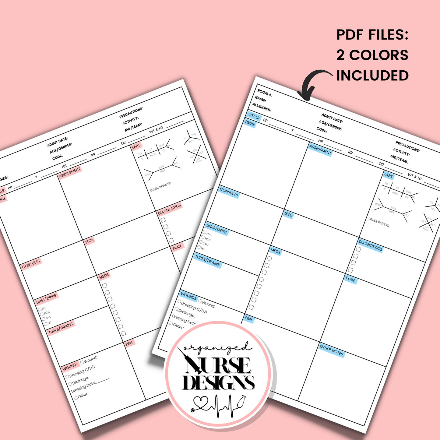 1 or 2-Patient Nurse Report Sheet for Nursing Students by OrganizedNurseDesigns