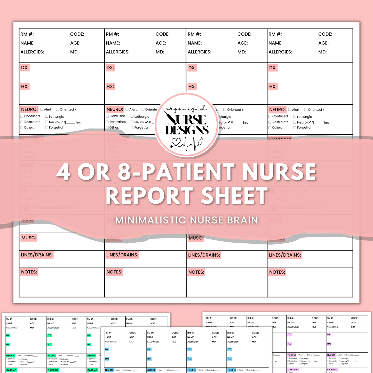 4 or 8-patient nurse report sheet, nurse brain, printable PDF file