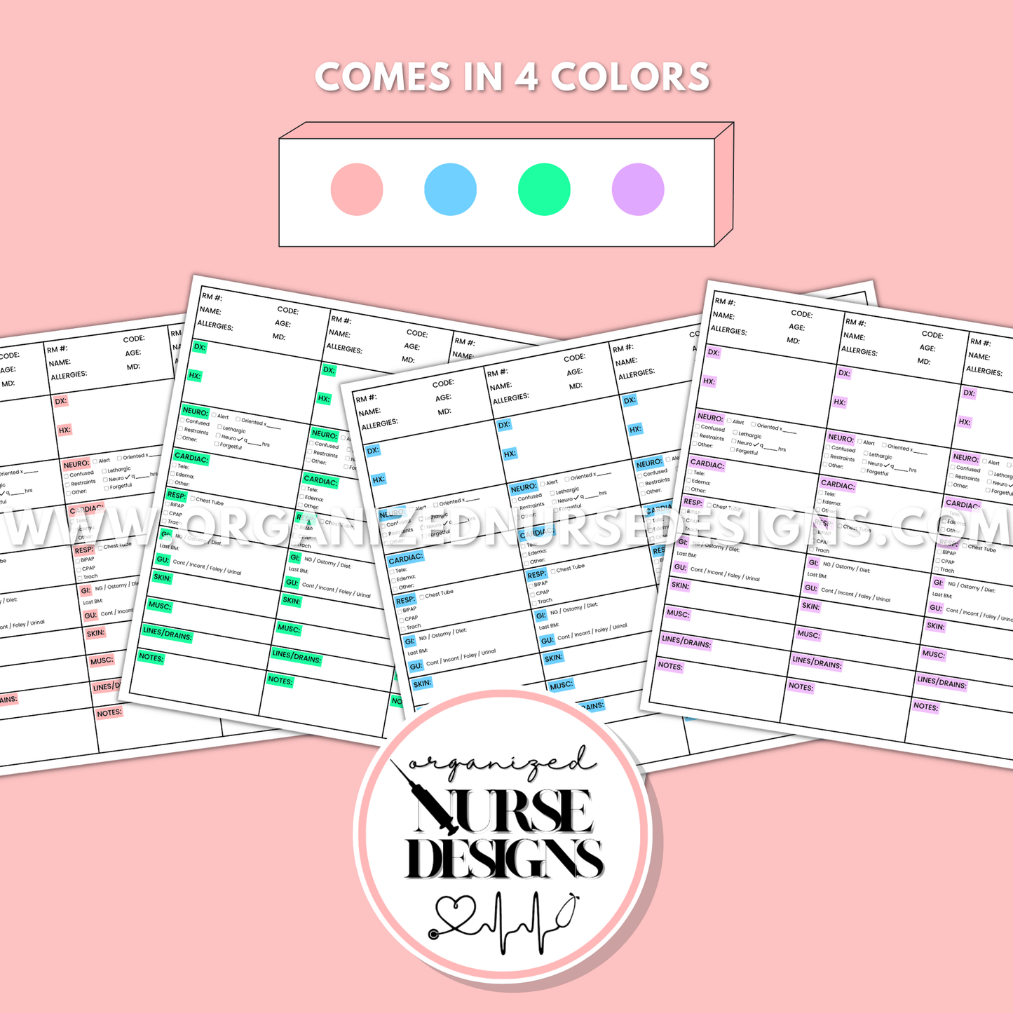 4-patient nurse report sheet comes in four colors, pink, blue, green, purple