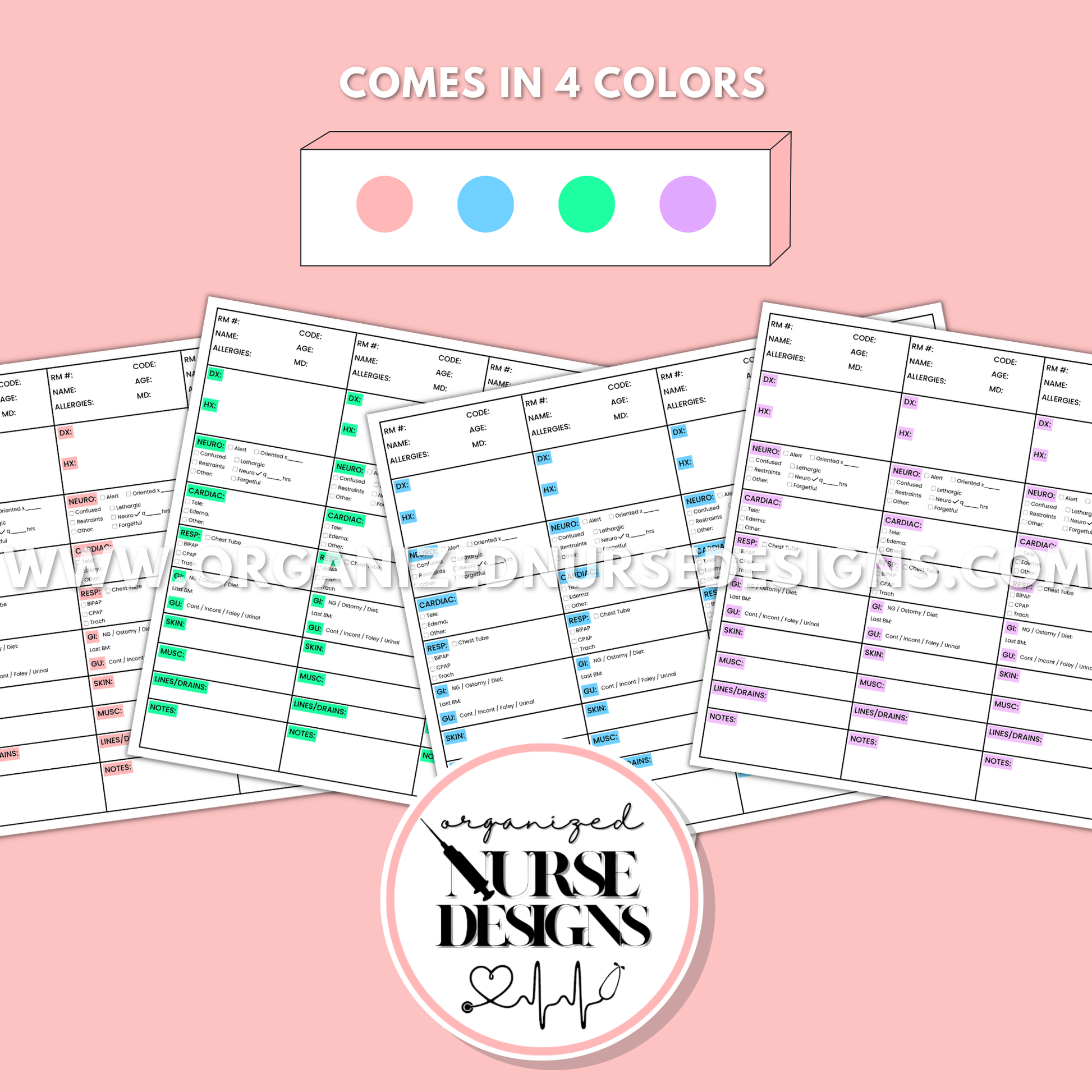 4-patient nurse report sheet comes in four colors, pink, blue, green, purple
