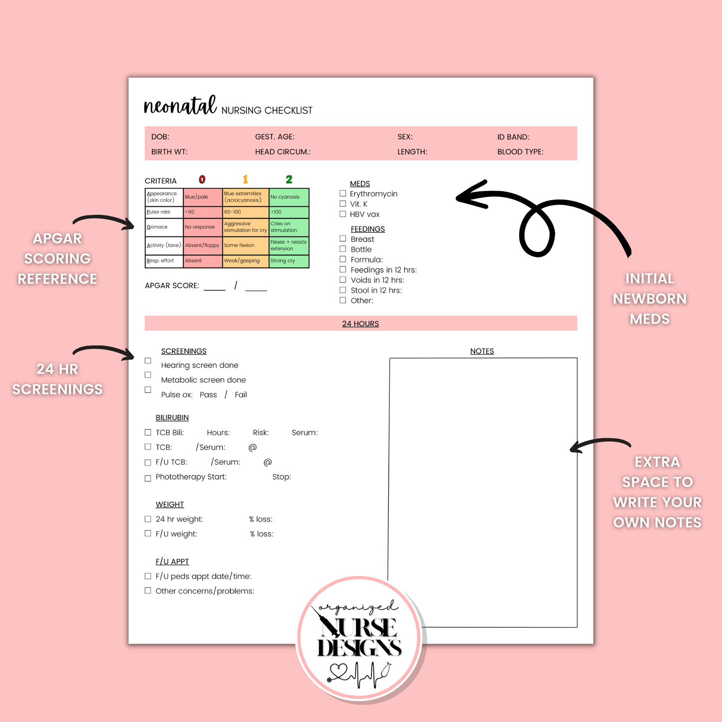 newborn nursing assessment template, newborn nurse report sheet, labor & delivery nurse report sheet, postpartum nursing, neonatal nursing checklist, includes hourly nursing to-do list, apgar nursing, apgar newborn