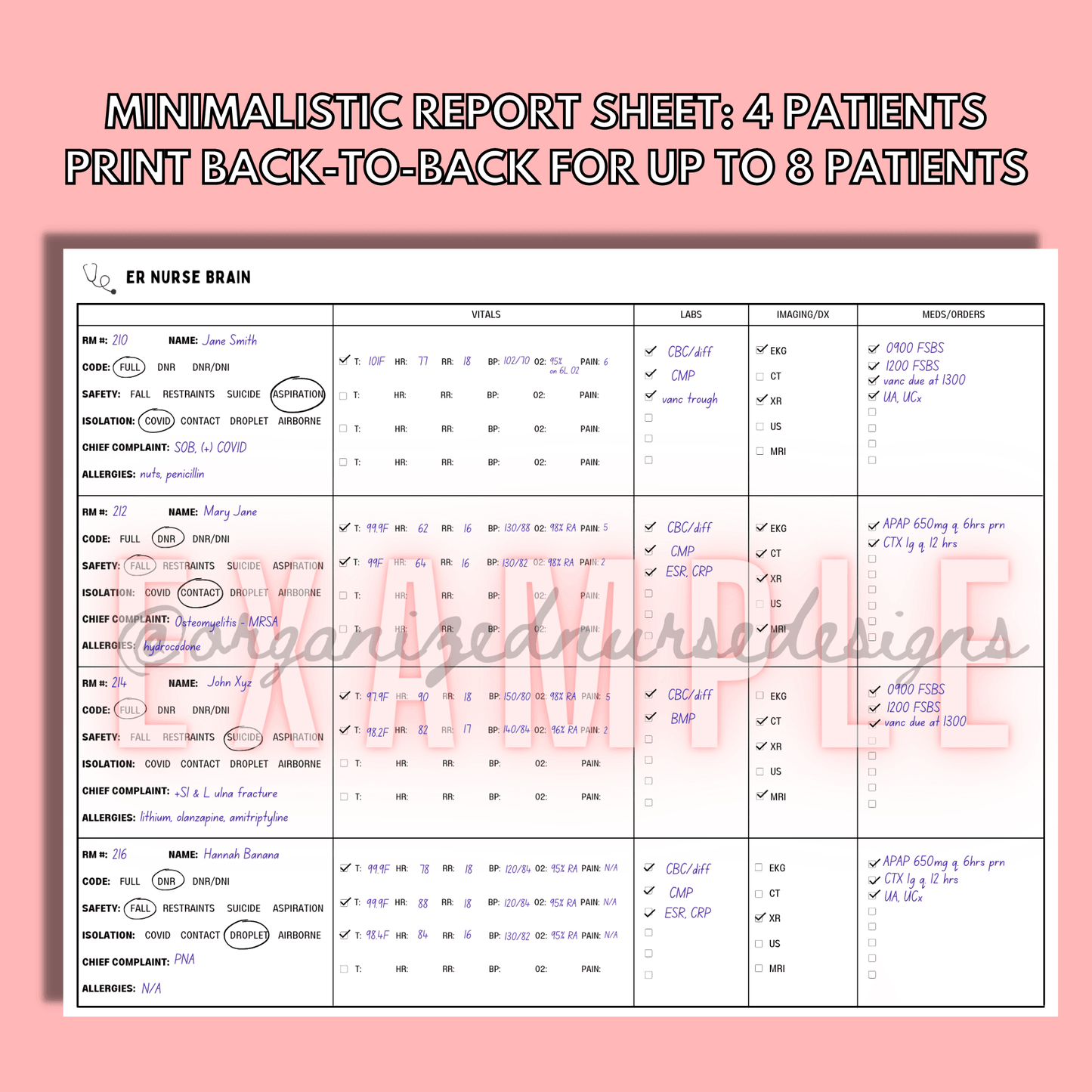 ER Nurse Report Sheet (4 or 8 Patients) | Landscape for Nursing Students by OrganizedNurseDesigns