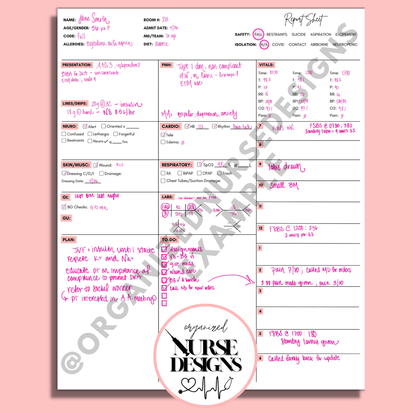 Nurse Report Sheet with Hourly To-Do Schedule for Nursing Students by OrganizedNurseDesigns