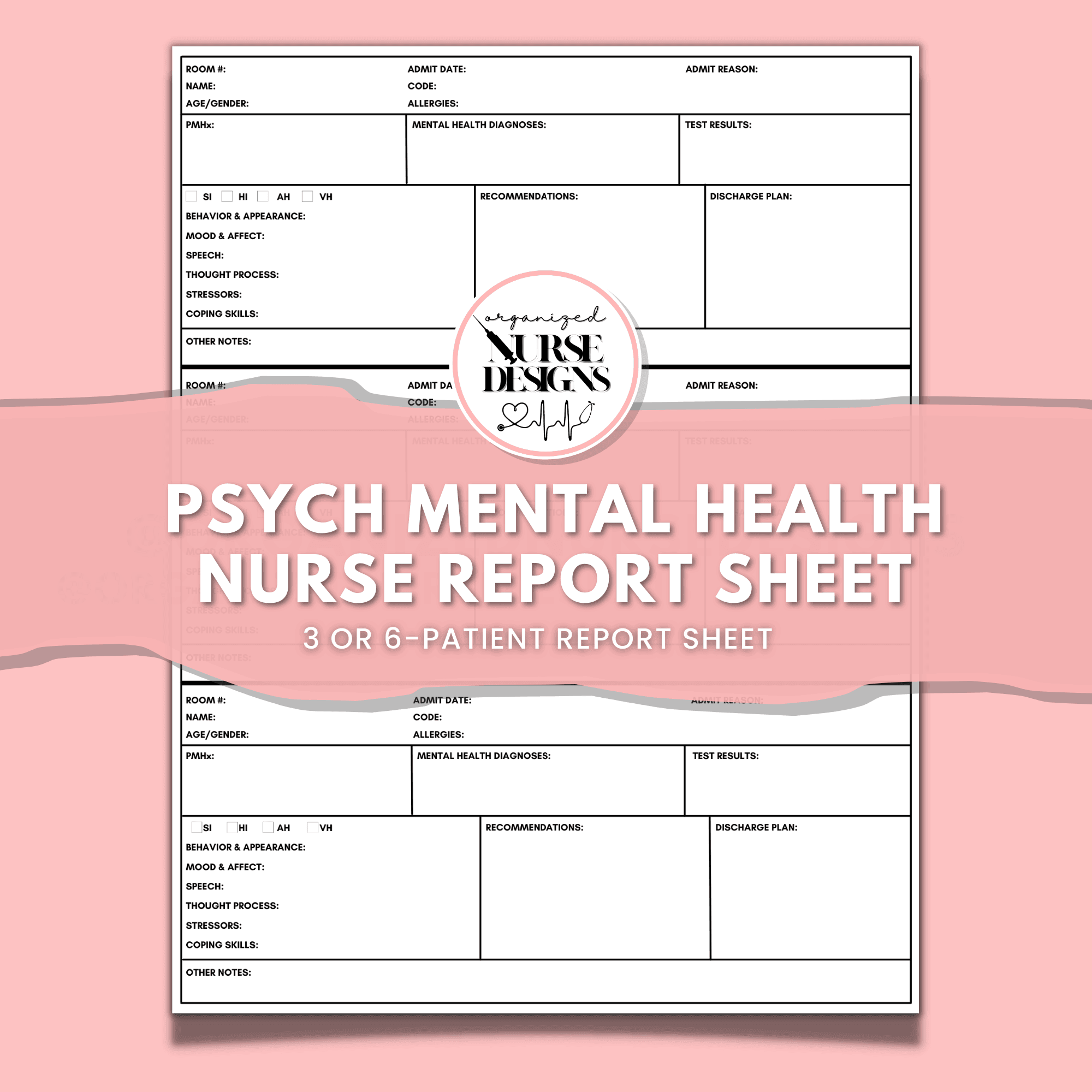 Psych Nurse Report Sheet for 3 or 6 Patients, Nurse Brain Sheet