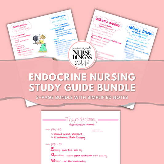hyperthyroidism vs hypothyroidism, addisons vs cushings, thyroidectomy nursing school notes, nursing study guide bundle