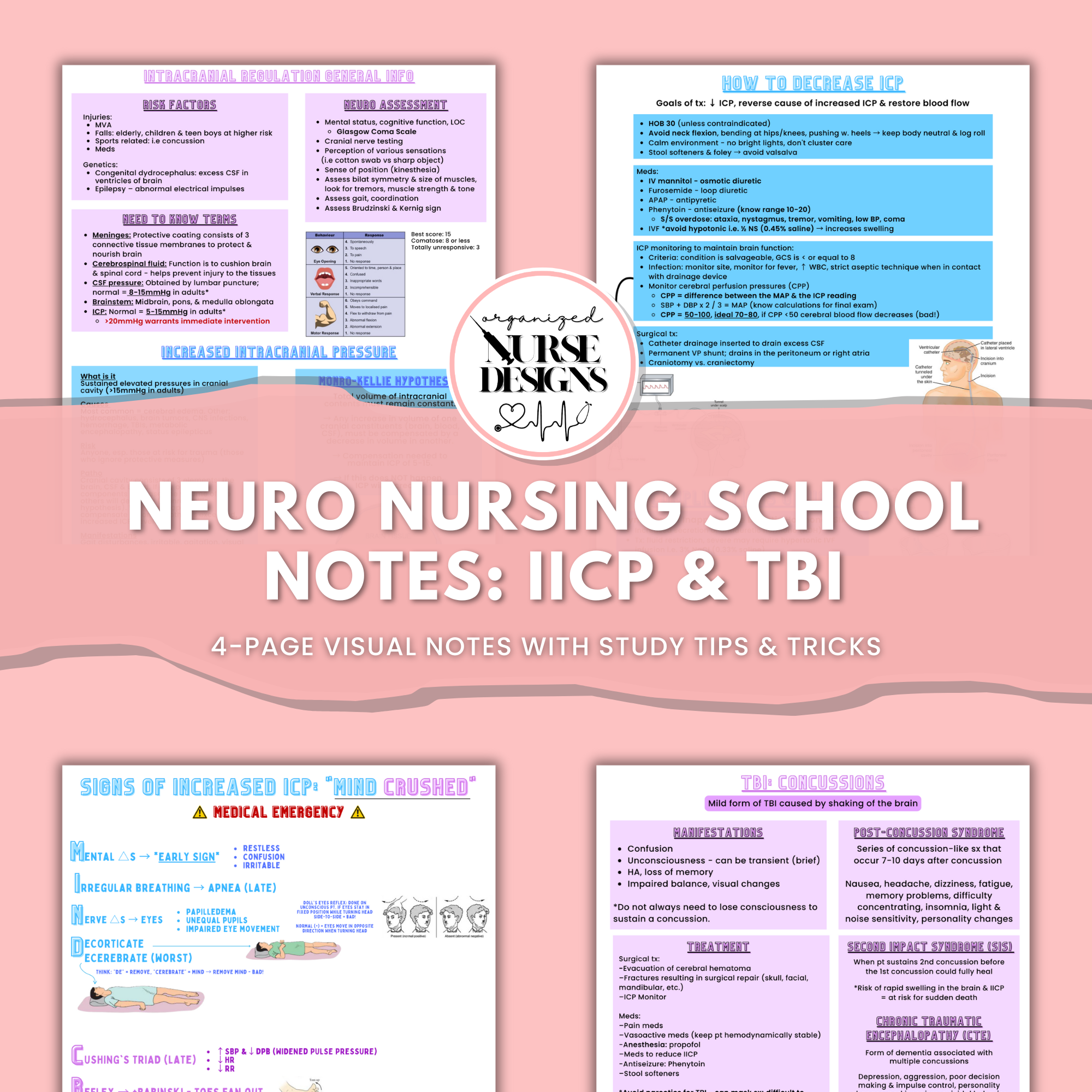 neuro nursing school notes, nursing school study guide bundle, intracranial pressure, TBI, concussion