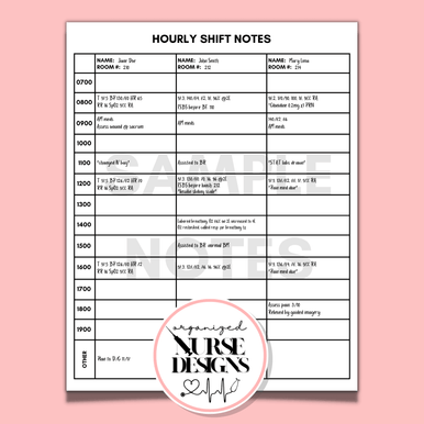 2 or 4-Patient Nurse Report Sheet with Hourly To-Do Sheet for Nursing Students by OrganizedNurseDesigns