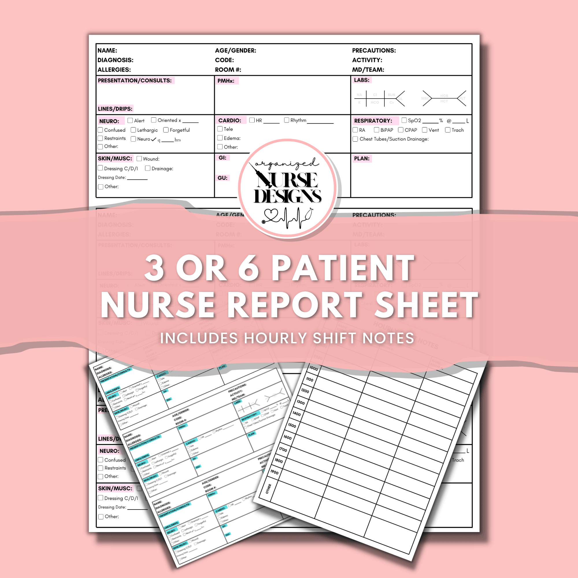 3 or 6-Patient Nurse Report Sheet with Hourly Schedule for Nursing Students by OrganizedNurseDesigns