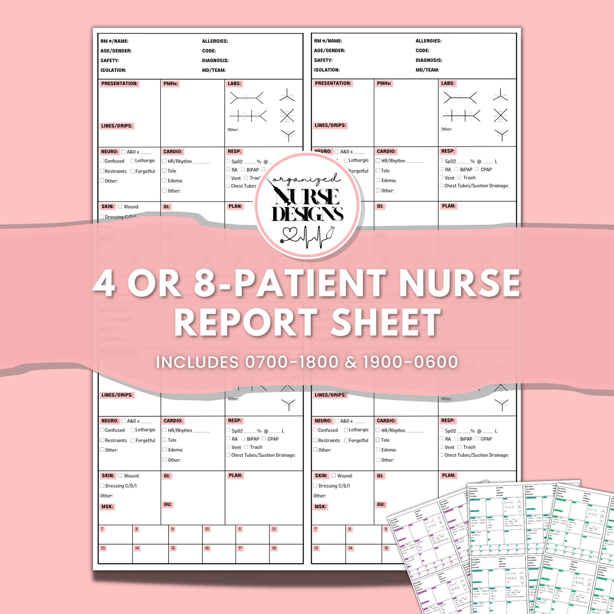 4 or 8-Patient Nurse Report Sheet with Medication Schedule for Nursing Students by OrganizedNurseDesigns