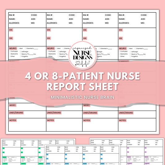 4 or 8-patient nurse report sheet, nurse brain, printable PDF file