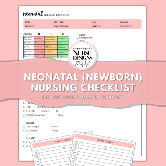 newborn nursing assessment template, newborn nurse report sheet, labor & delivery nurse report sheet, postpartum nursing, neonatal nursing checklist, includes hourly nursing to-do list