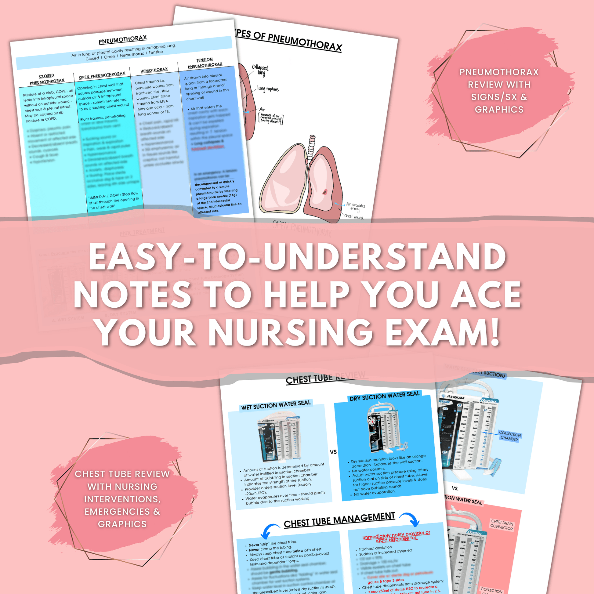 chest tubes study guide, nursing school notes, nursing school study guide, pneumothorax nursing care, printable PDF, chest tube management