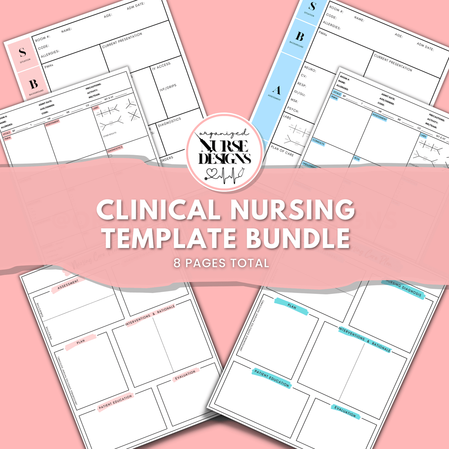 Clinical Nursing School Bundle | 8 Pages for Nursing Students by OrganizedNurseDesigns