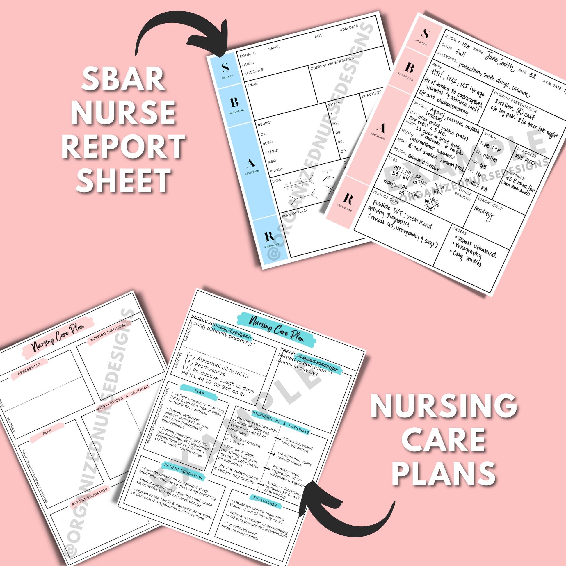 Clinical Nursing School Bundle | 8 Pages for Nursing Students by OrganizedNurseDesigns, nurse report sheet, SBAR, nursing care plan