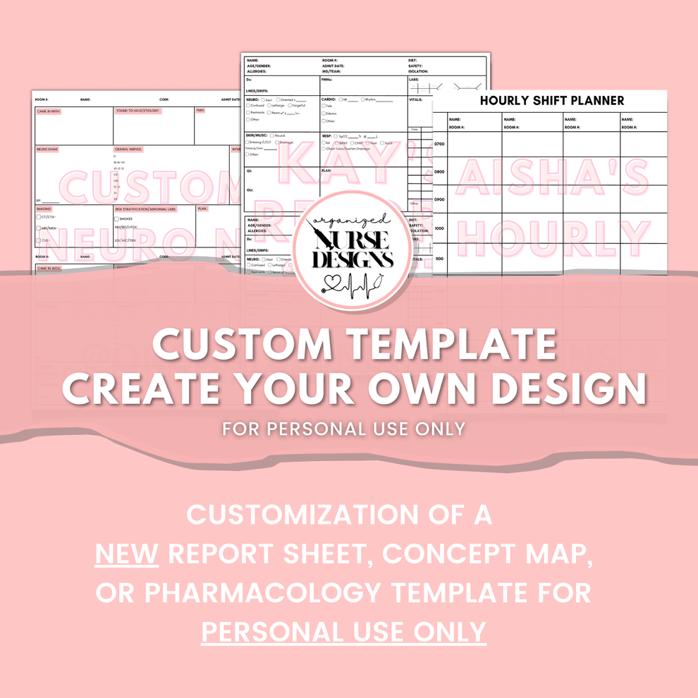 Custom Nursing Study Template, Nurse Report Sheet, Concept Map, Med