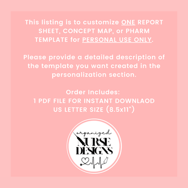 Custom Nursing Template: Concept Map, Nurse Report Sheet or Pharm Template for Nursing Students by OrganizedNurseDesigns