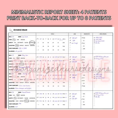 ER Nurse Report Sheet (4 or 8 Patients) | Landscape for Nursing Students by OrganizedNurseDesigns