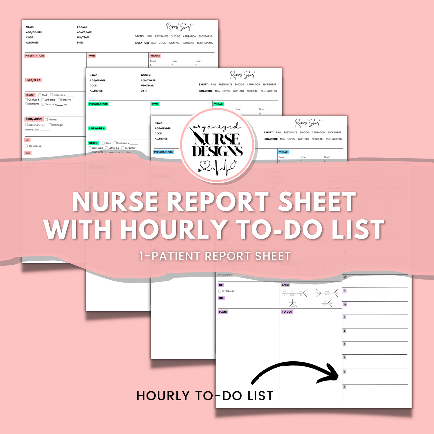 Nurse Report Sheet with Hourly To-Do Schedule for Nursing Students by OrganizedNurseDesigns