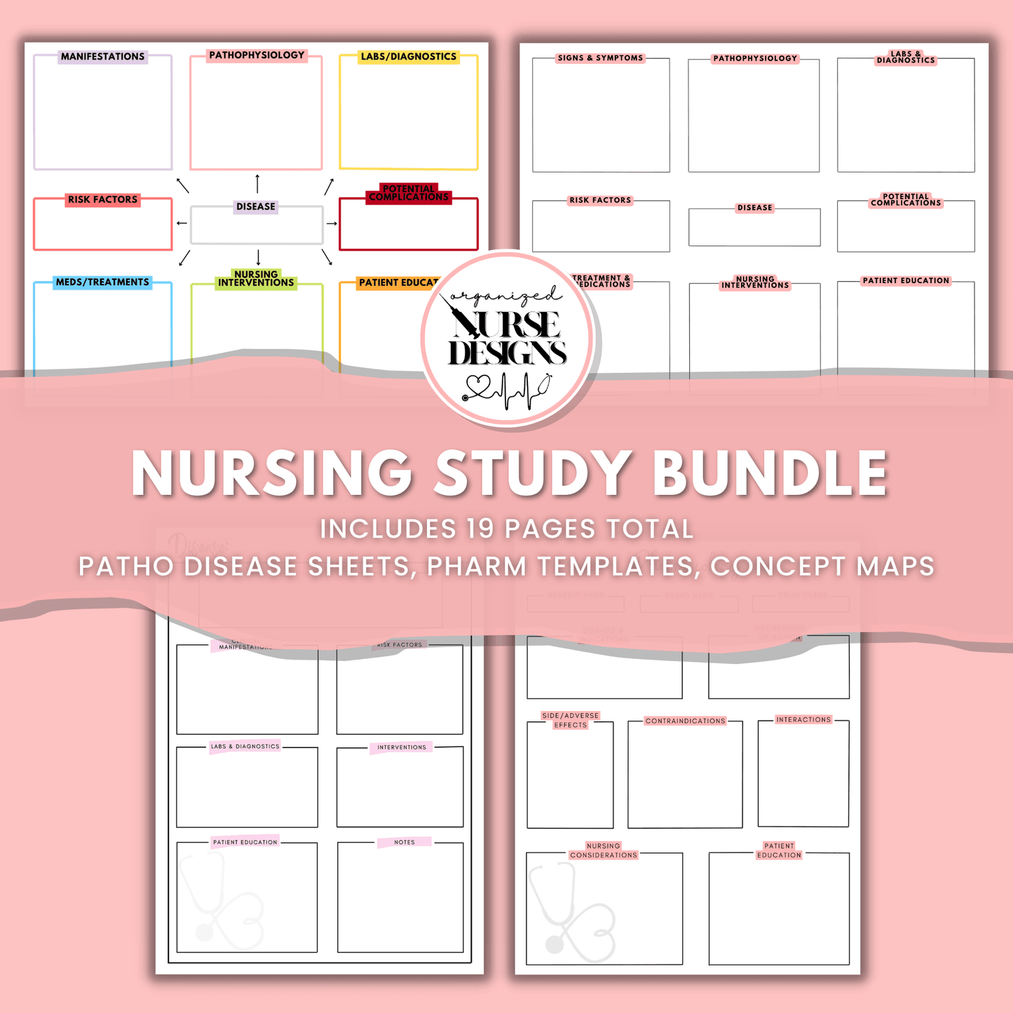 Nursing School Study Bundle | 19 Pages for Nursing Students by OrganizedNurseDesigns